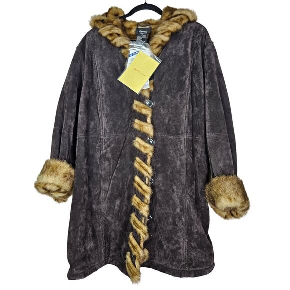 Deadstock Vintage Dennis Basso 2X Brown Suede Leather Faux Fur Lined Coat Hood